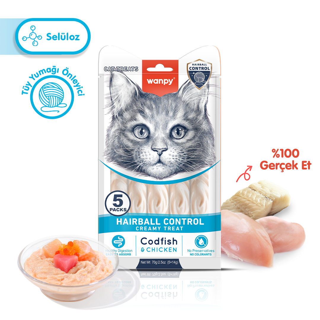 Wanpy Hairball Control Morina balığı&Tavuklu Kerma Ödül 5x14gr